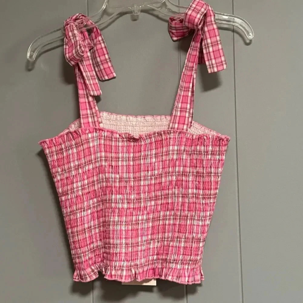 FANCO Pink Plaid Smocked Tube Top with Scalloped Edge and Shoulder Ties Size M - Picture 2 of 6